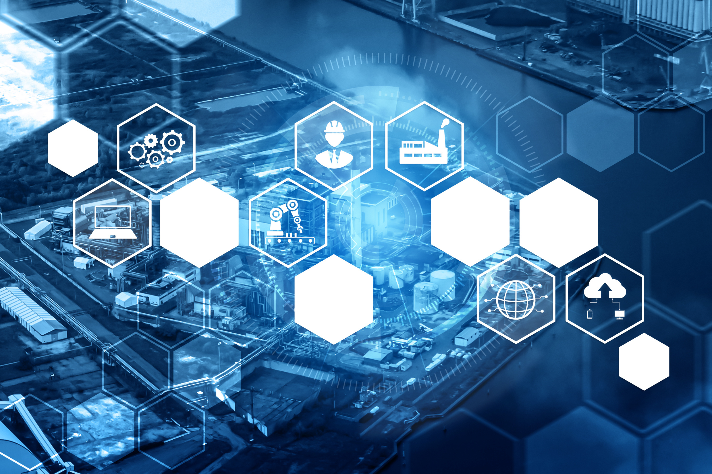 Industry 4.0 technology concept - Smart factory for fourth industrial revolution with icon graphic showing automation system by using robots and automated machinery controlled via internet network .