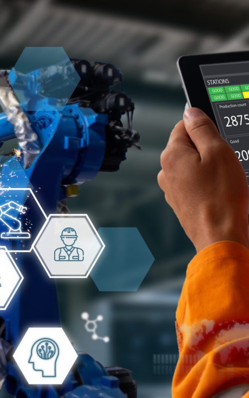 smart factory which use futuristic technology which combine big data, iot, 5g, machine deep learning, automation robot, augmented mixed virtual reality, digital twin, artificial intelligence