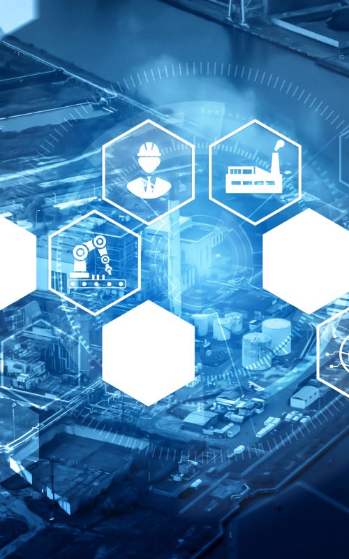 Industry 4.0 technology concept - Smart factory for fourth industrial revolution with icon graphic showing automation system by using robots and automated machinery controlled via internet network .